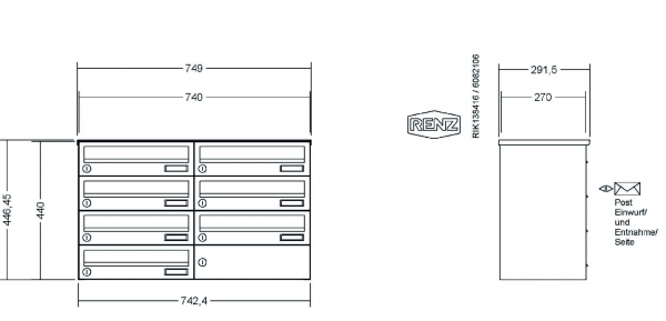 RENZ Briefkastenanlage, Aufputz, Classic Basic B, Edelstahl V4A, Kastenformat 370x110x270mm, 7-teilig